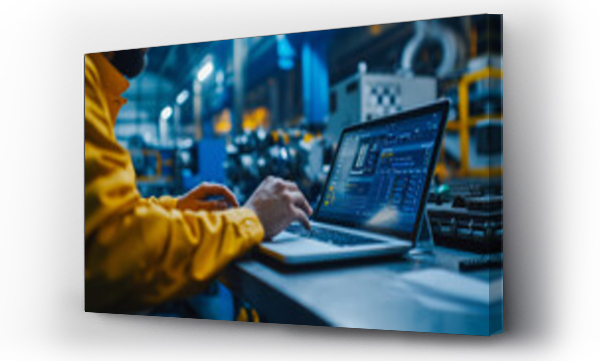 Wizualizacja Obrazu : #697068564 professional factory worker using a laptop to control an automatic machinery program, showcasing the modern engineering environment