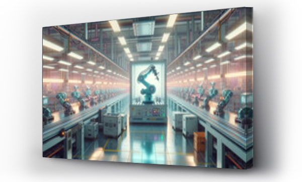 Wizualizacja Obrazu : #697097434 Futuristic robotic arm assembling product in retro-style factory.