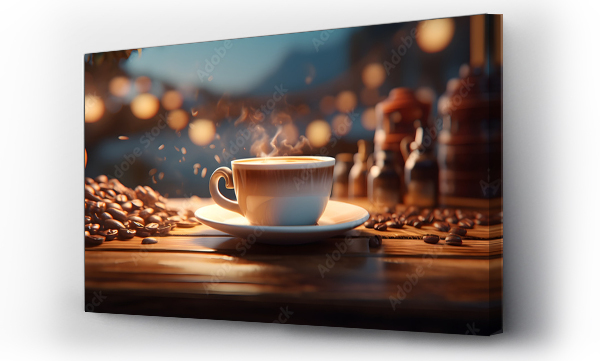 Wizualizacja Obrazu : #697281619 Steaming coffee cup with coffee beans on wooden table