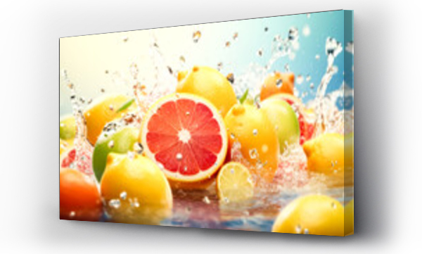 Wizualizacja Obrazu : #697441456 Cross section of fruits in water splashes on a tropical backdrop.