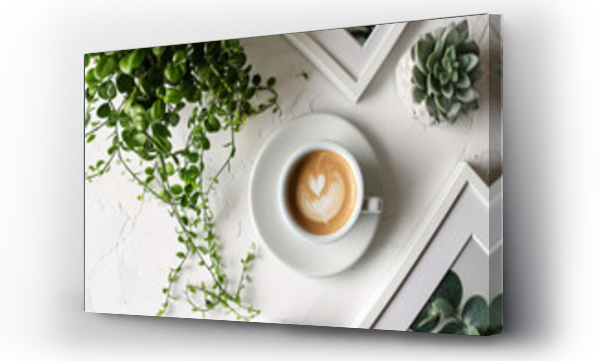 Wizualizacja Obrazu : #697459365 Close-up and top view of white empty frame mock-ups on an isolated white background, with a cup of coffee and plants, flat lay...