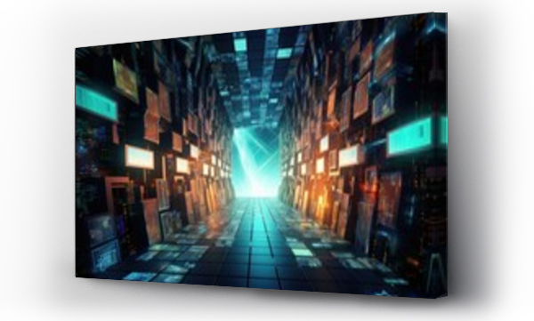 Wizualizacja Obrazu : #697480207 Futuristic hallway with glowing lights, 3d rendering digital illustration, Futuristic Metaverse tunnel with polygon shapes and circuit boards, AI Generated