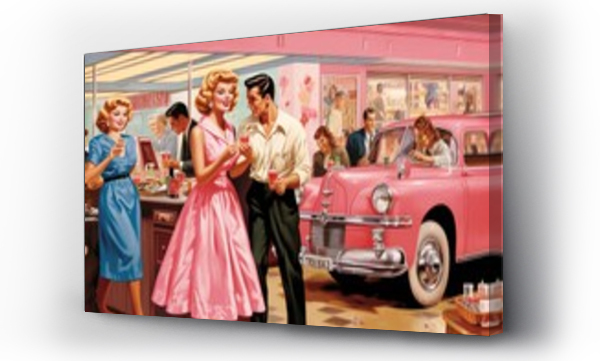 Wizualizacja Obrazu : #697497189 Retro car and people in a retro car showroom, retro car, 1950s diner scene with jukebox and dancing couples, AI Generated