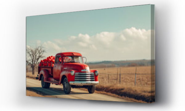 Wizualizacja Obrazu : #697588231 Red retro truck full of red hearts in the trunk on a field road. Generative AI