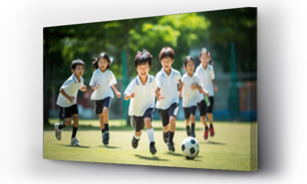 Wizualizacja Obrazu : #697718034 Playground Soccer Excitement, Asian Kids Engaged in a Friendly Match at School.