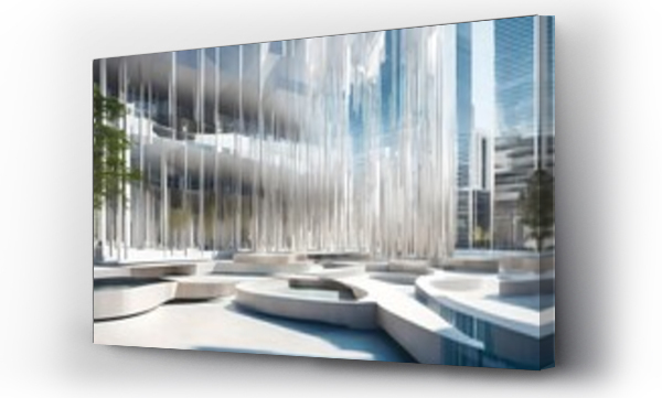 Wizualizacja Obrazu : #697940615 Abstract modern architecture background, an urban plaza with minimalist structures and water features, creating a calm and contemplative atmosphere