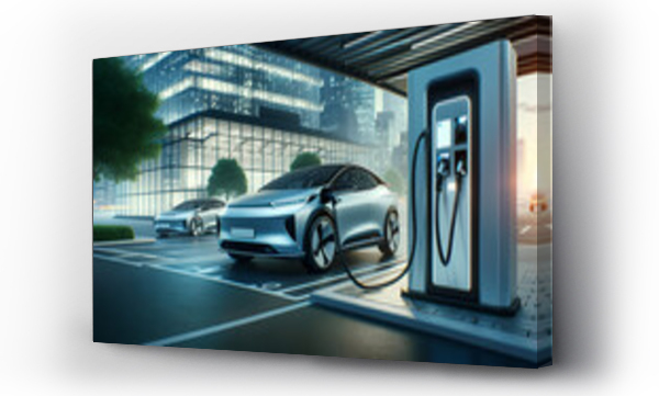 Wizualizacja Obrazu : #697980733 A modern scene depicting an electric car being charged at a charging station, The car should be sleek and futuristic, Generative AI