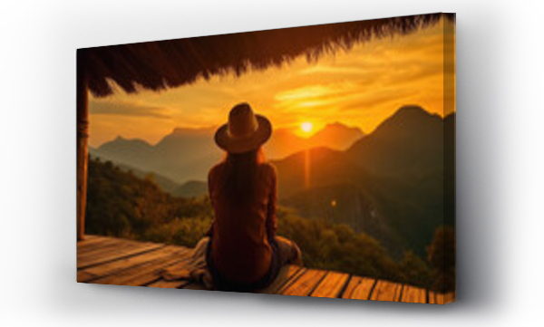 Wizualizacja Obrazu : #698090210 Woman sitting on the terrace of a hut in the mountain at sunset .