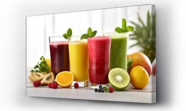 Wizualizacja Obrazu : #698103235 Close up image with four glasses full of fruit and berry juices surrounded by fruits and berries