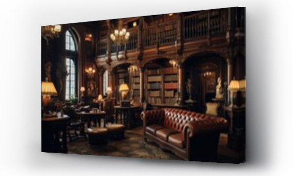 Wizualizacja Obrazu : #698145064 Luxury interior of the old library with furniture and books, A classic Victorian era library with leather-bound books and wooden furniture, AI Generated