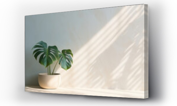 Wizualizacja Obrazu : #698146935 Minimalistic light background with blurred Monstera Deliciosa plant pot shadow on a light wall. Beautiful background for presentation with with marble floor