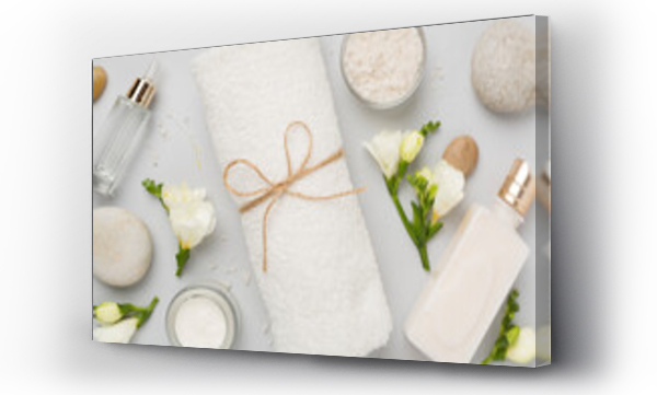 Wizualizacja Obrazu : #698151267 Flat lay with spa products and flowers on color background