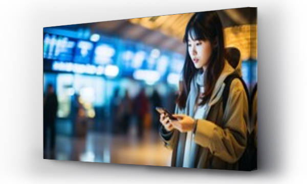 Wizualizacja Obrazu : #698158535 A youthful Asian female at a global airport utilizing cellphone and verifying flight on the flight display.