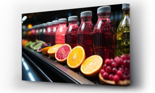 Wizualizacja Obrazu : #698395474 Juice bottles with fruit on a conveyor belt.