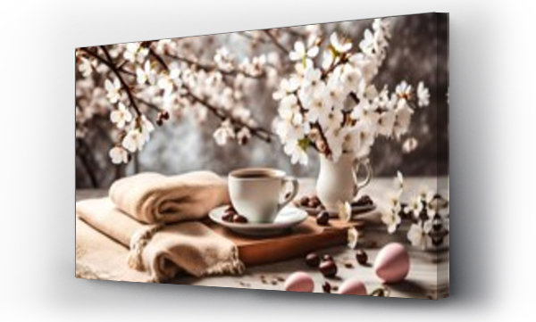 Wizualizacja Obrazu : #698478320 cup of coffee and spring flowers