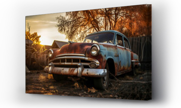 Wizualizacja Obrazu : #698736432 Generative AI illustration of vintage rusted car abandoned in a rural setting basking in the golden hues of a sunset