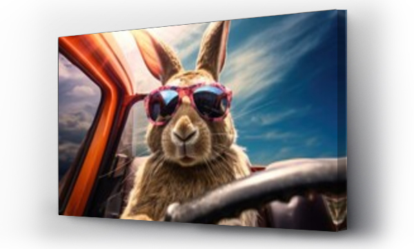 Wizualizacja Obrazu : #698816821 Cool Easter bunny in a car delivering Easter eggs.