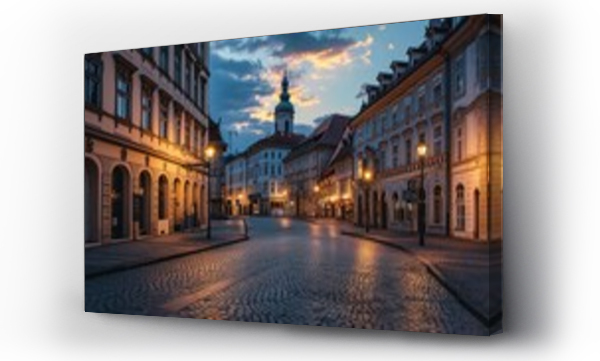 Wizualizacja Obrazu : #698824207 A historic European city square at twilight with cobblestone streets and ancient architecture.