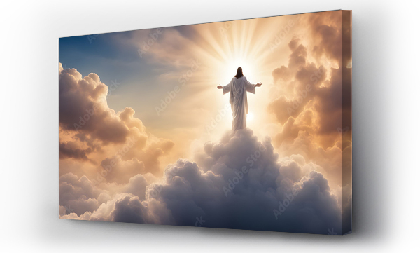 Wizualizacja Obrazu : #698946312 The resurrected Jesus Christ ascending to heaven above the bright light sky and clouds and God, Heaven and Second Coming concept