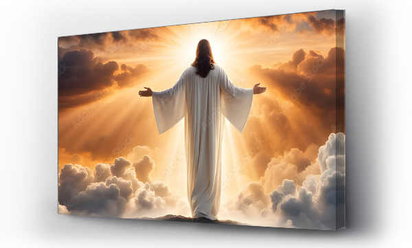 Wizualizacja Obrazu : #698946334 The resurrected Jesus Christ ascending to heaven above the bright light sky and clouds and God, Heaven and Second Coming concept