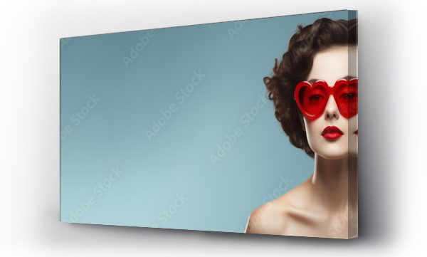 Wizualizacja Obrazu : #699322079 Wide banner with woman wearing big heart shaped sunglasses portrait, retro style make up, blue background