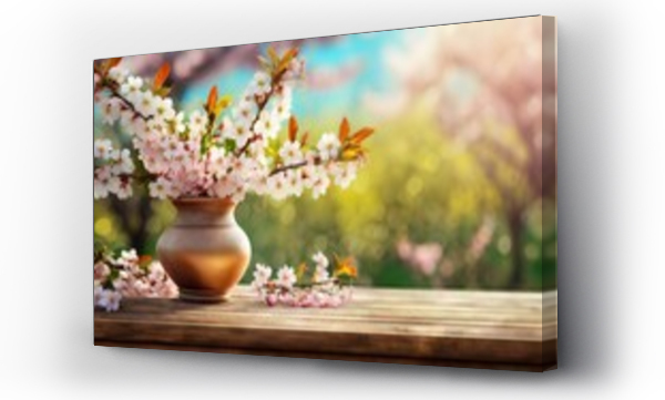 Wizualizacja Obrazu : #699471610 Bia?e ga??zki wi?ni pokryte bia?ymi kwiatami w wazonie na drewnianym blacie. W tle kwitn?ce ro?liny ogrodowe. Wiosenne t?o