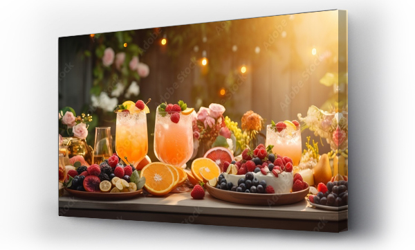 Wizualizacja Obrazu : #699622325 Luminous bokeh backdrop with vibrant outdoor brunch, cocktails, fruit platters, and sunlight.
