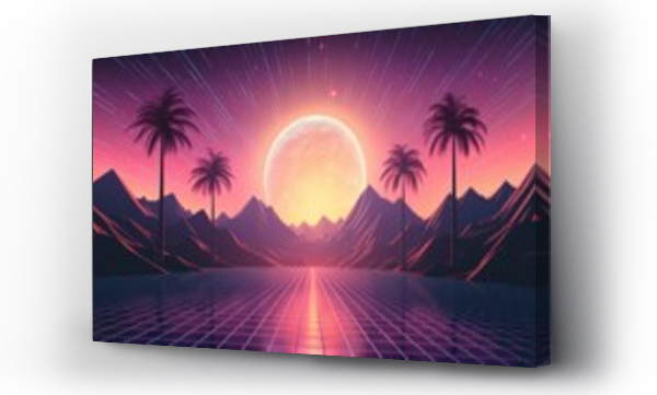 Wizualizacja Obrazu : #699738855 Abstract retro sci-fi grid 80s, 90s neon colors night and sunset, vintage cyberpunk illustration, retro synthwave style neon landscape background.