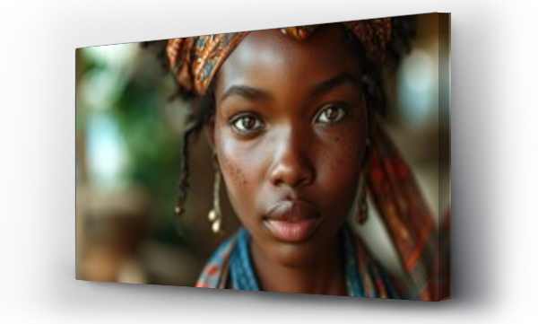 Wizualizacja Obrazu : #699859126 Beautiful African girl with national traditional hairstyle, young woman from the south, close-up portrait of beautiful eyes, jewelry earrings