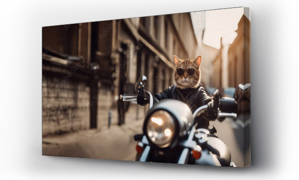 Wizualizacja Obrazu : #699863381 cat biker rides a motorcycle in a sunny city, cat motorcyclist