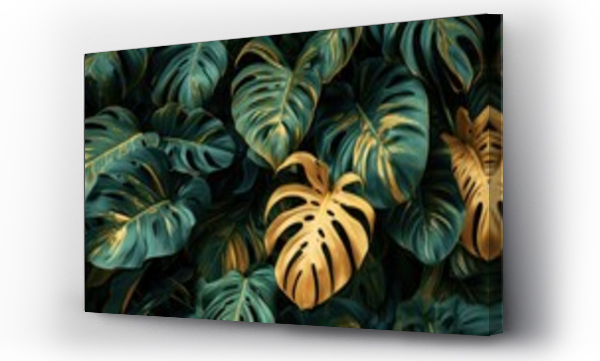 Wizualizacja Obrazu : #699982545 Tropical leaves background, nature and abstract texture, green gold monstera leaves