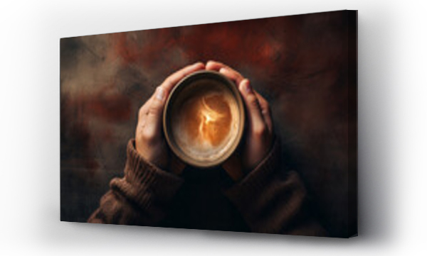 Wizualizacja Obrazu : #700019972 Close up of hands holding steaming hot drink coffee or hot chocolate in a coffee mug 