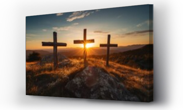 Wizualizacja Obrazu : #700210722 three wooden chrsitian crucifix crosses on hill at sunset