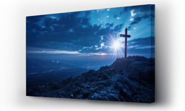 Wizualizacja Obrazu : #700392083 Over Golgotha Hill, a sky of deep indigo is pierced by shards of heavenly light, each one pointing to the holy cross, the epicenter of faith and forgiveness.