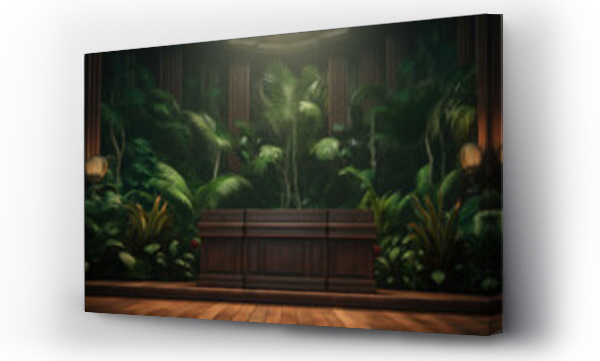 Wizualizacja Obrazu : #700417575 Wooden stage room and podium into a lush jungle setting for a press conference.