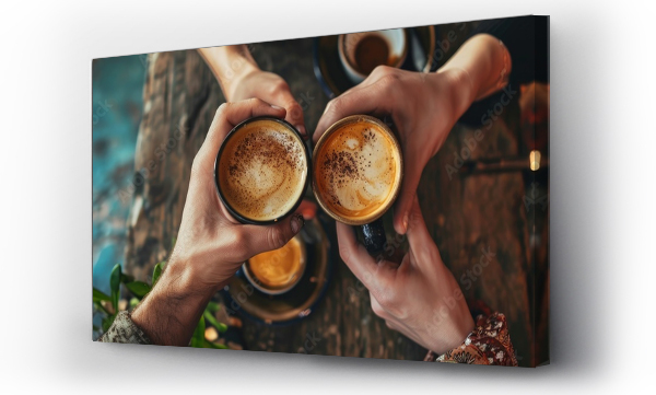 Wizualizacja Obrazu : #700504624 Closeup image of a man and a woman clinking white coffee mugs in cafe. Creative Banner. Copyspace image