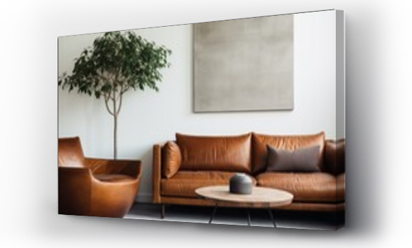 Wizualizacja Obrazu : #700524603 Modern Mid-Century Living Room with Terra Cotta Sofa and Brown Leather Armchairs