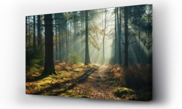 Wizualizacja Obrazu : #700850471 A peaceful nature scene, capturing the tranquility of a forest with sunlight filtering through the trees, evoking a sense of calm and escape.