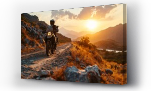 Wizualizacja Obrazu : #701023597 Experienced biker in complete gear riding an off-road motorcycle on a mountain road at sunset. 3D illustration. Motocross speed sport concept.