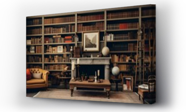 Wizualizacja Obrazu : #701131453 Artfully arranged bookshelves in a study room, showcasing a collection of literary classics and decorative items