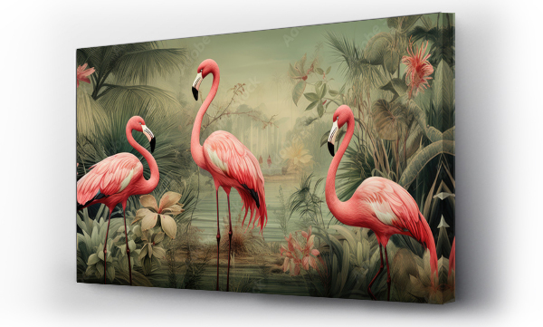 Wizualizacja Obrazu : #701391093 Vintage oil painting of flamingoes among roses and palm leaves in a tropical forest