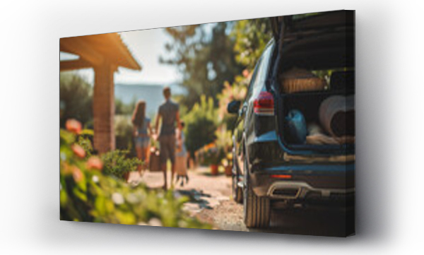 Wizualizacja Obrazu : #701525784 Family unloading their car at home, selective focus on car. Open trunk.