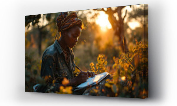 Wizualizacja Obrazu : #701575723 African female leather worker writing notes and using a book note