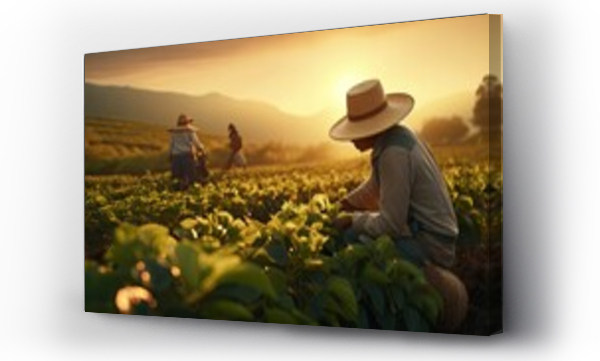 Wizualizacja Obrazu : #701750399 Farmer workers working at coffee plantation fields harvesting beans wearing vintage clothing with straw hats.
