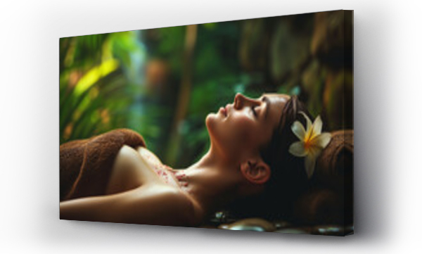 Wizualizacja Obrazu : #701757422 woman with flower in hair relaxing in spa while getting a treatment. beauty and spa ads marketing image for websites, flyer and posts.