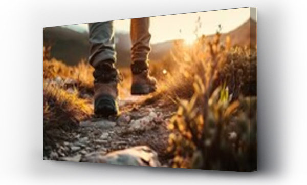Wizualizacja Obrazu : #701768533 Autumn adventure. Closeup of hiker boots on nature trail. Trekking through fall. Feet on vibrant forest path. Stylish hiking boot on sunny autumn day