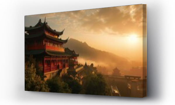 Wizualizacja Obrazu : #701844068 Landscape of chinese temple in the mist at sunset with mountain background