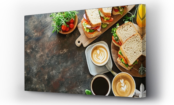 Wizualizacja Obrazu : #702140510 Breakfast with club sandwiches with fresh tomatoes lettuce and cucumbers salmon trout coffee and freshly squeezed juice on white stone concrete table top view copy space. with copy space image