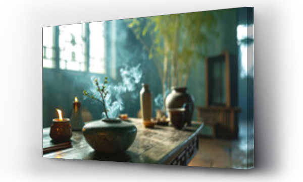Wizualizacja Obrazu : #702198290  Incense sticks burning in a pottery holder with a serene and calm atmosphere.