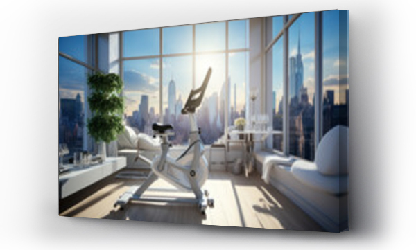 Wizualizacja Obrazu : #702209821 Exercise bike placed in a home gym against the background of a panoramic window.
